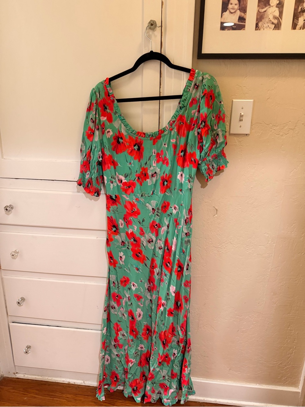 Mint Green Floral Maxi Dress with Red Poppy Print